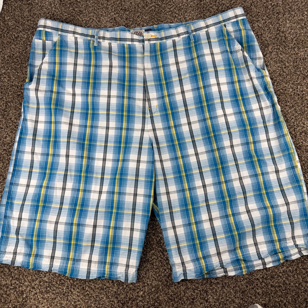 Phat Farm Mens Blue Yellow Plaid Cotton Shorts Size 50 Flat Front Streetwear